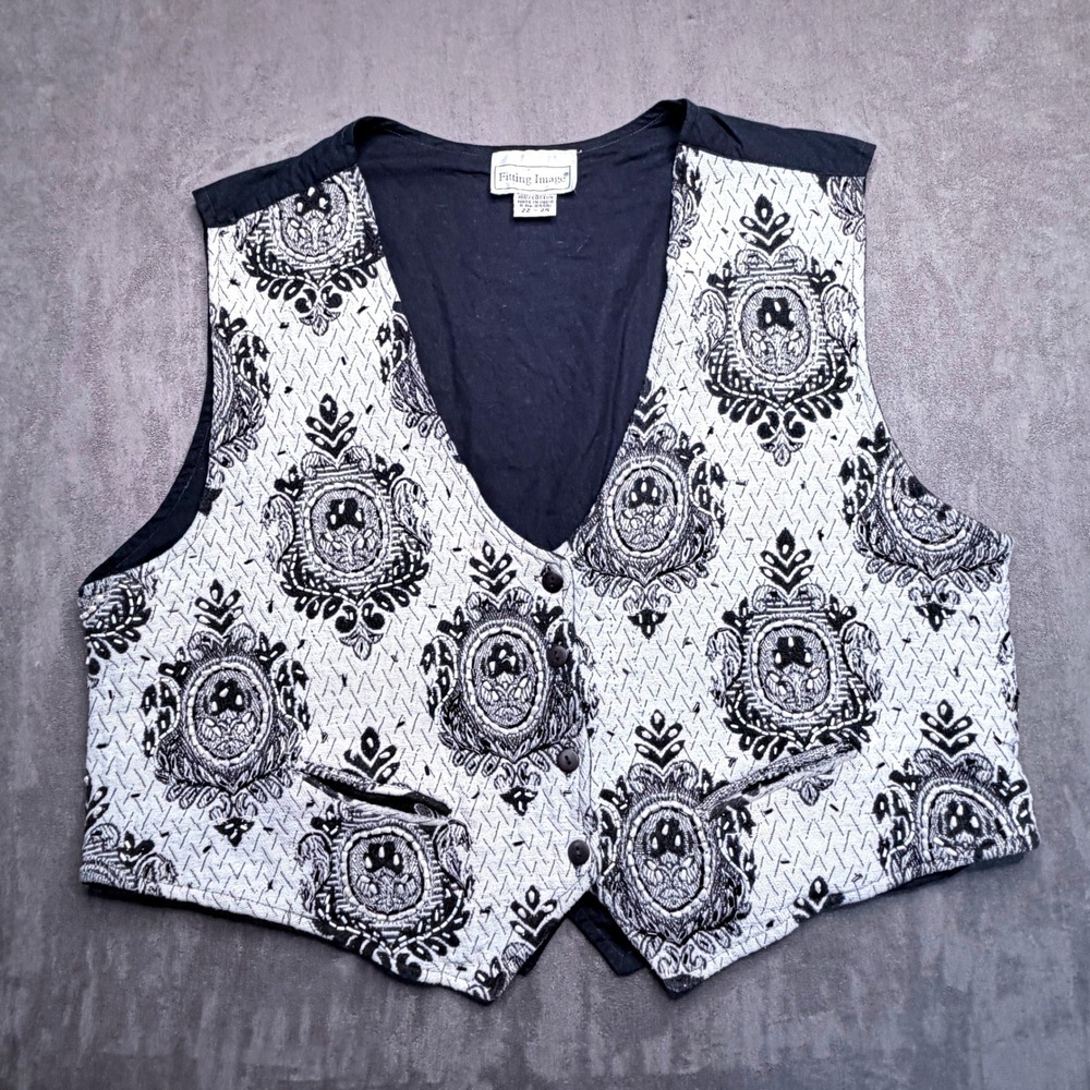 Vtg Fitting Image Vest Womens 22-24 Blk White Beaded Damask Cotton Button Up 90s